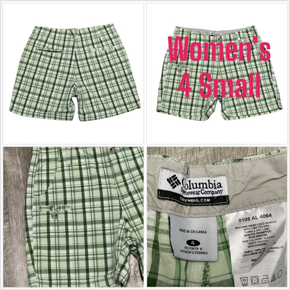 Women’s Columbia 4 Small Shorts Plaid Green Chino Khakis Twill 5 Pockets Casual